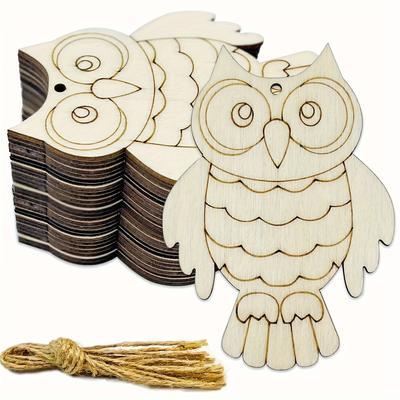 30 Stück Eulen aus Holz zum Ausschneiden, Eulenholz, DIY-Bastelausschnitte, blanke hölzerne Eulenornamente mit Loch, Hanfseile, Geschenkanhänger
