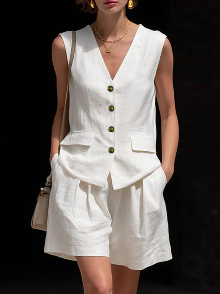 New Women's Simple Elegant Cotton Linen Vest Top Set with Shorts Outfit