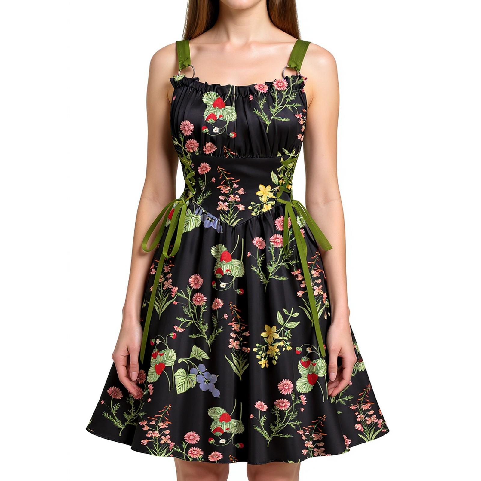 

Женские летние платья без рукавов, цветочное платье для женщин, элегантное платье А-силуэта с кулиской S чёрный