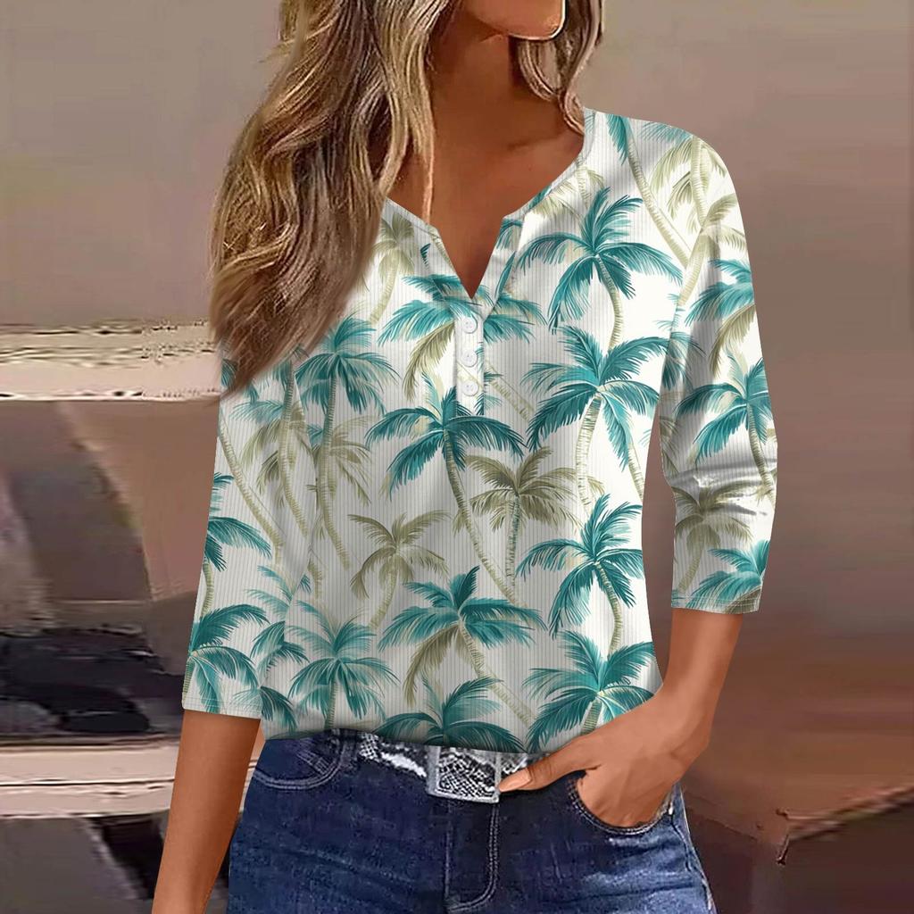 Dámské tričko tričko potisk knoflík 3/4 rukáv tunika denní víkendová móda základní výstřih do V běžný top