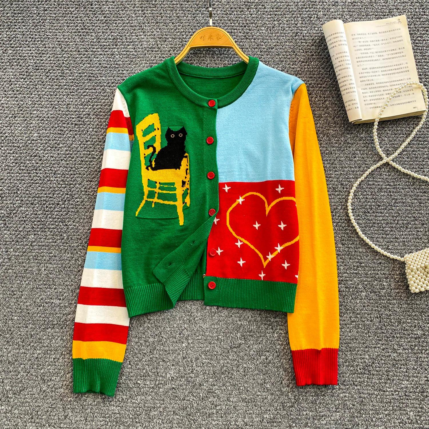 

Осенне-зимний женский трикотажный кардиган с круглым вырезом и мультяшным принтом на одной пуговице, топы для школьницы One Size зелёный