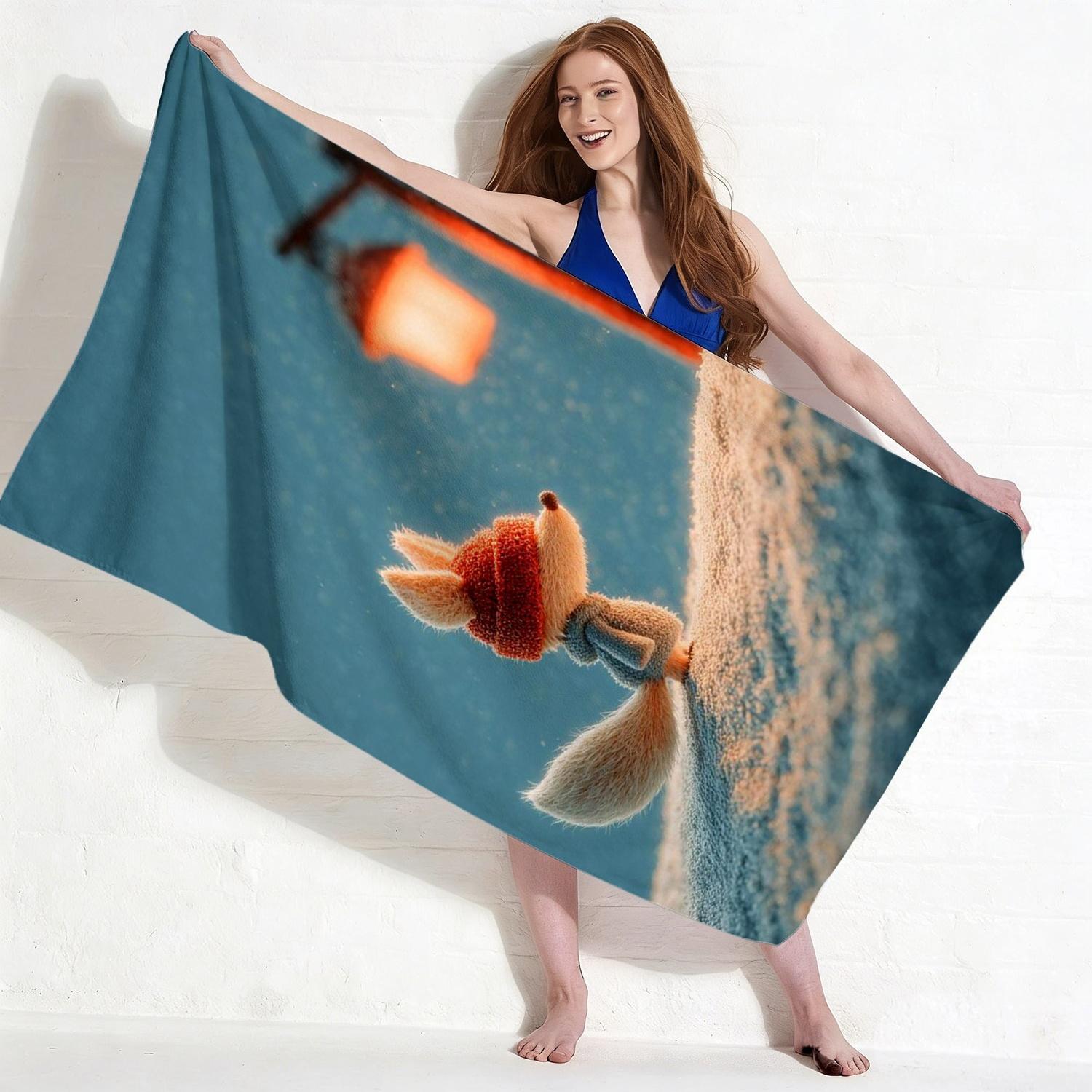 

Cute Felt Fox Beach Towel, Winter Fox in Red Hat Print Oversized Bath Towel, Soft Quick Dry Summer Beach Blanket 1pcs W30*H60(CM)