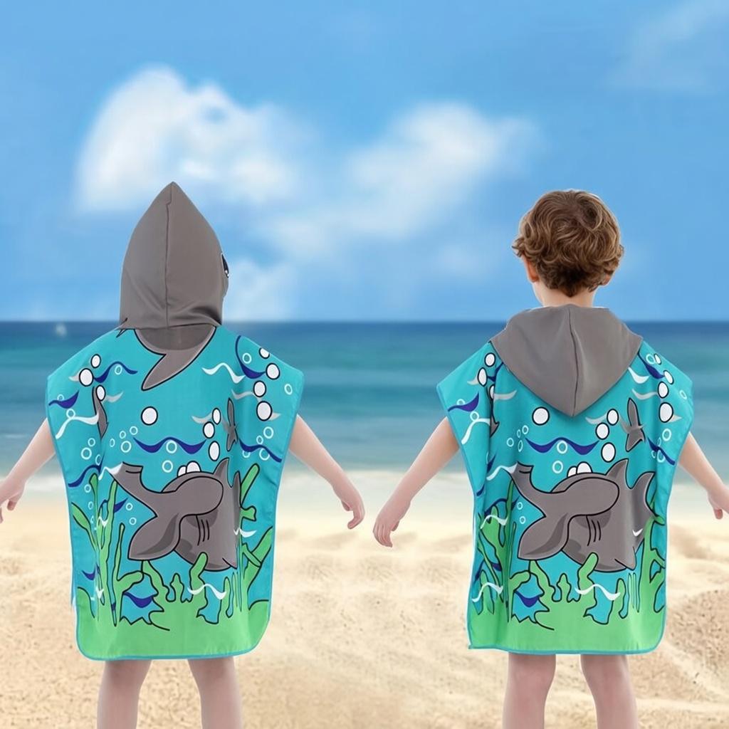 Ocean Adventure Shark Flat Print Hooded Beach Towel Kids Toddler Boy Summer Vacation Beach Pool Poncho Cloak Changing Robe