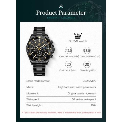 OLEVS Men's Black Stylish Popular Analog Quartz Arm Watch Men's Metal Band Waterproof Watch Date Easy to Read Black Dial Business Fashion Men's Watch