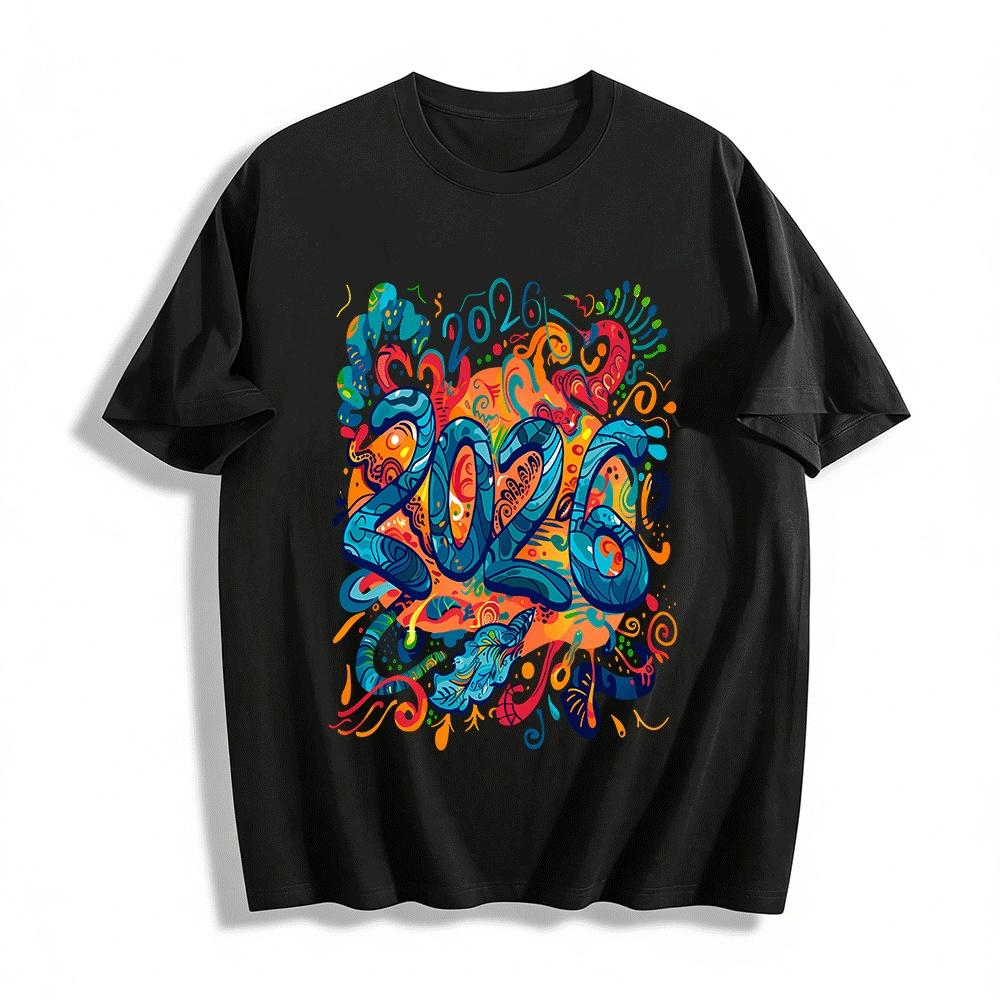 

2026 Year of the Snake Art Print Casual Loose Unisex Top Pure cotton T-shirt XXS