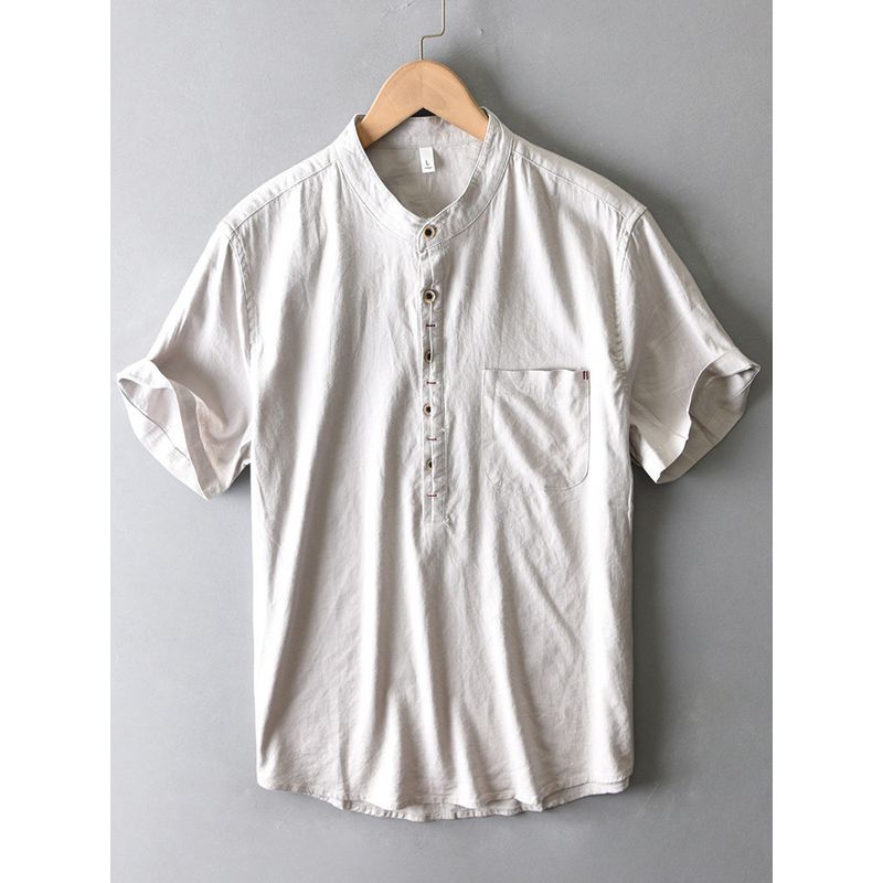 Summer Chinese Style Japan fashion Retro Stand Collar Linen Shirts Men's New Chinese Cotton Linen Short sleeve Shirt T-shirt Thin