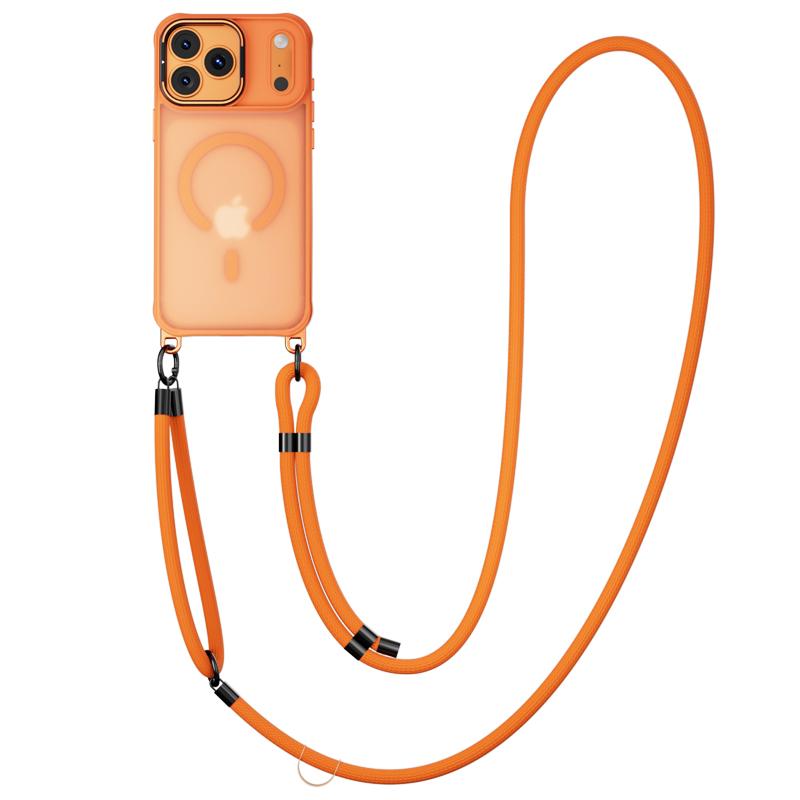 

Металлическая подставка для объектива Магнитный чехол для iPhone 17 Air 16 Plus 15 14 13 Pro Max с ремешком для ношения через плечо Прочная защита iPhone17 Pro оранжевый