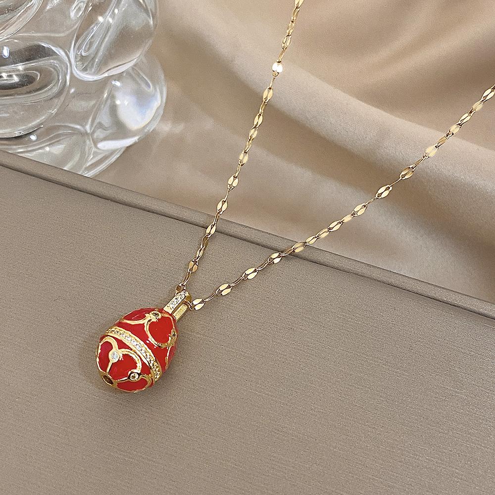 

AENSOA Colorful Enamel Easter Egg Pendant Necklaces for Women Guilloche Locket Egg Rhinestone Charm Necklace Gold Color Jewelry