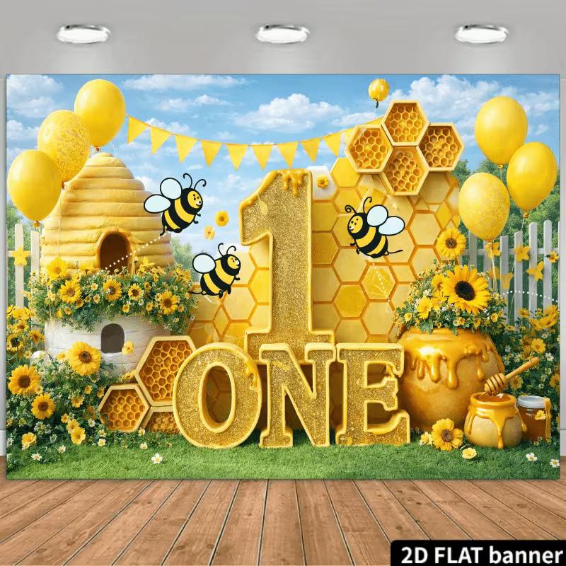 2D Bee and Honey Themed First Birthday Backdrop Photo Background Banner 47.2x31.5inch/120*80cm