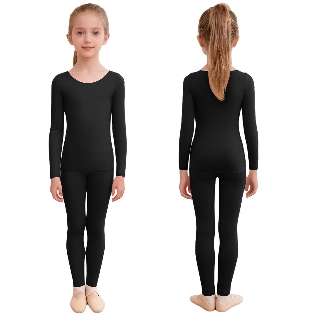 Kids Girls Seamless Thermal Underwear Set Tops Round Neck Long Sleeve Pullover Top with Elastic Waistband Regular/Stirrup Leggings Dance Practice
