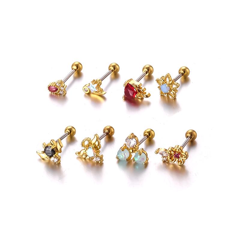 Boucle d'oreille à vis double tête en acier inoxydable et zircon coloré