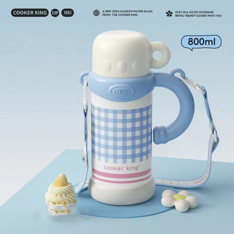 COOKER KinG Large Capacity Thermos Cup Student Straw Cup with Handle Stainless Steel Coffee Mug Outdoor Travel Water Bottle