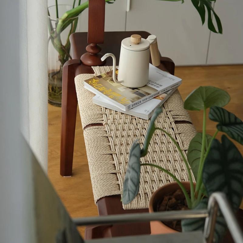 Vintage Solid Wood Bench, Entryway Storage Shoe Stool, Stylish Bed End Seat, Living Dining Rope Woven Long Seating