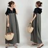 Summer 2026 Women's Japanese Style Hooded Patchwork Casual Loose Midi Dress with Short Sleeves