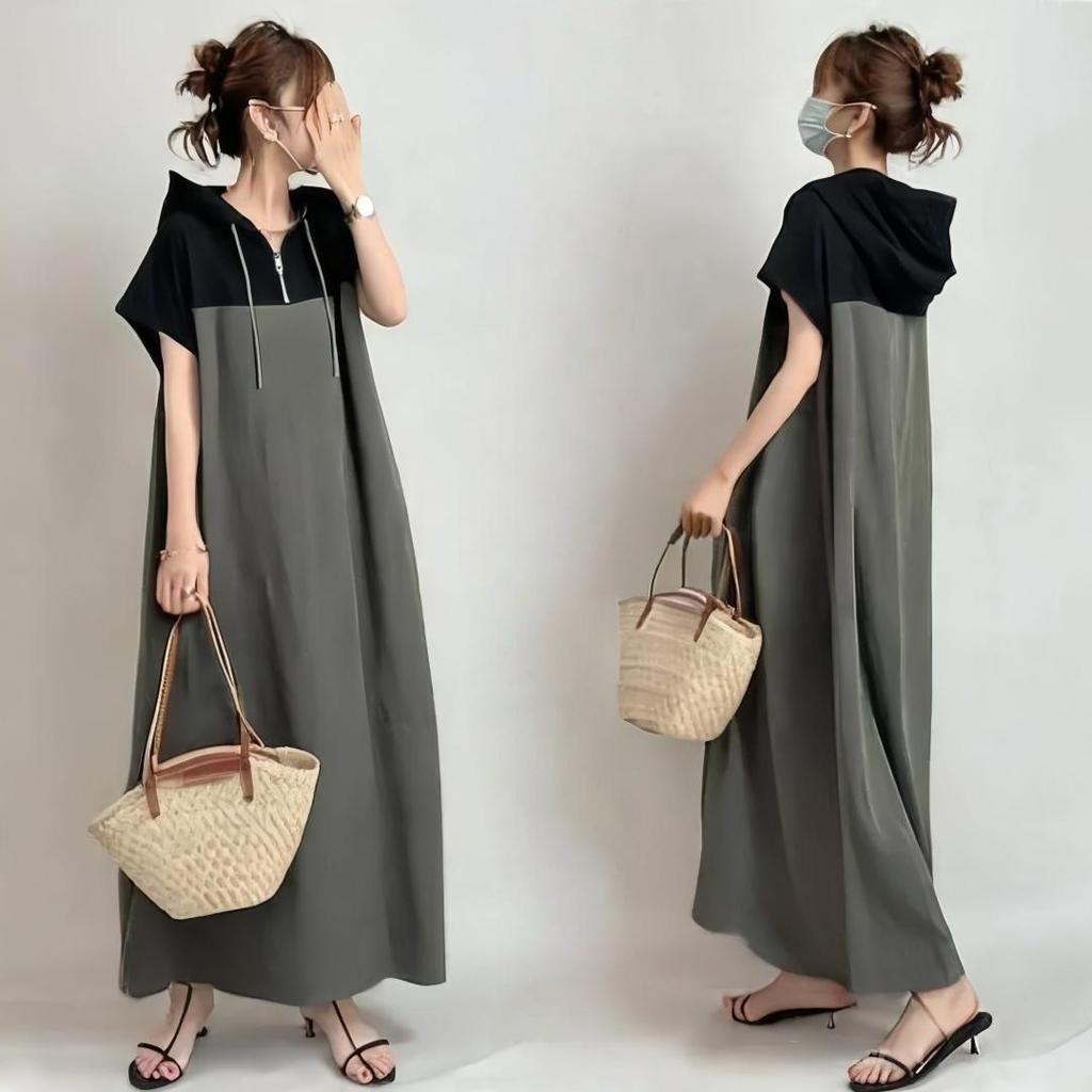 Summer 2026 Women's Japanese Style Hooded Patchwork Casual Loose Midi Dress with Short Sleeves