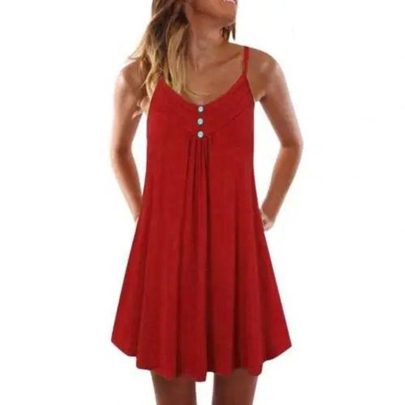 

European and American Button-up Dress European and American Style Women Button Sling Dress Red XL(XL)