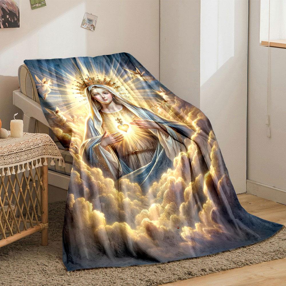 Holy Virgin Mary Sacred Heart Clouds Blanket Printed Blanket for Living Room Bed Couch Lunch Break Soft Cozy Blanket for Friend's Festival Gift