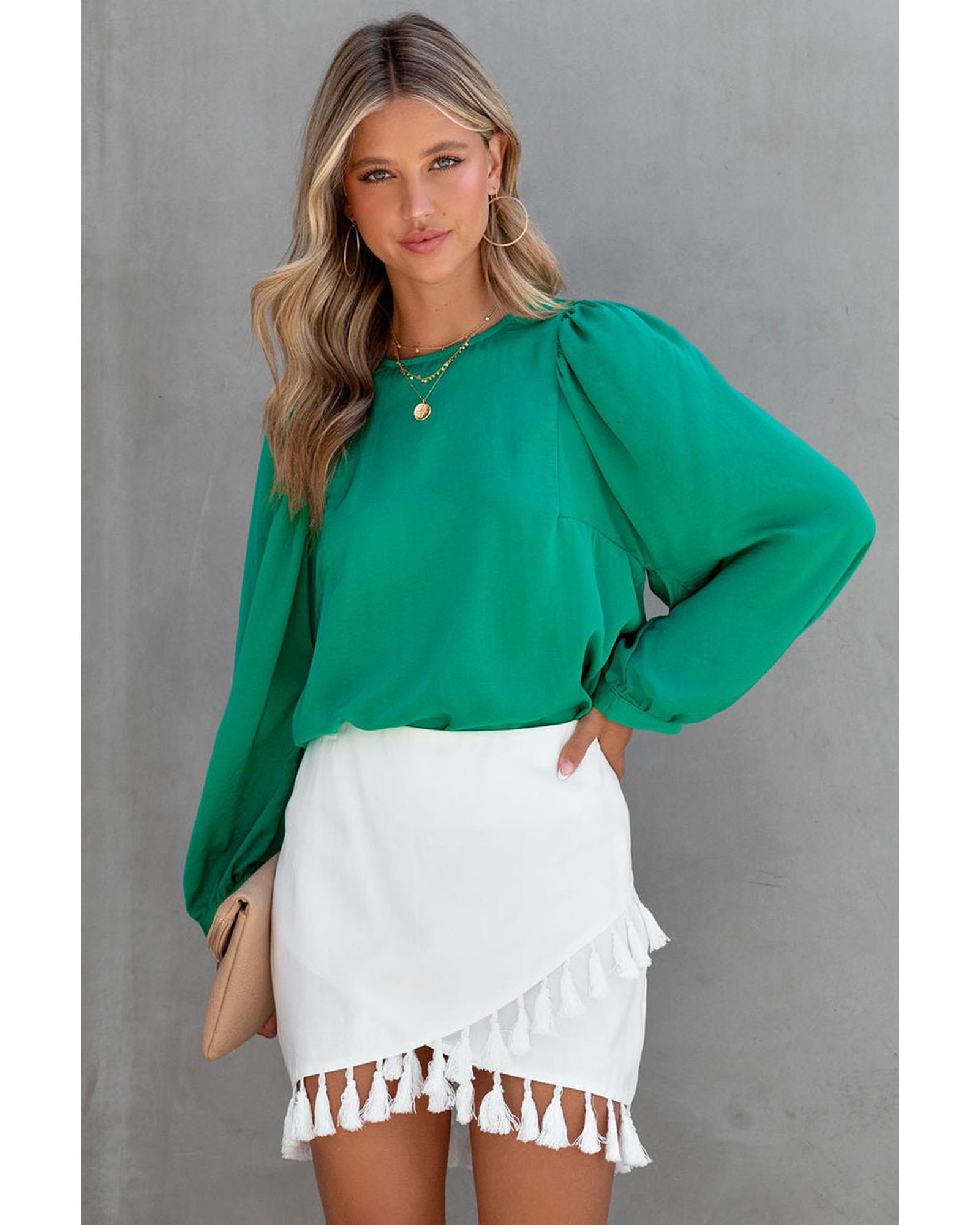 

Azura Exchange Satin Puff Long Sleeve Crewneck Blouse M зелений
