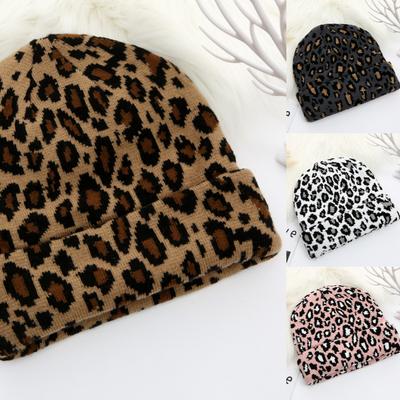 Chapeau décontracté sans bord en jacquard imprimé léopard mode automne hiver chapeau chaud épais unisexe hip-hop rétro crânes chapeau tricoté