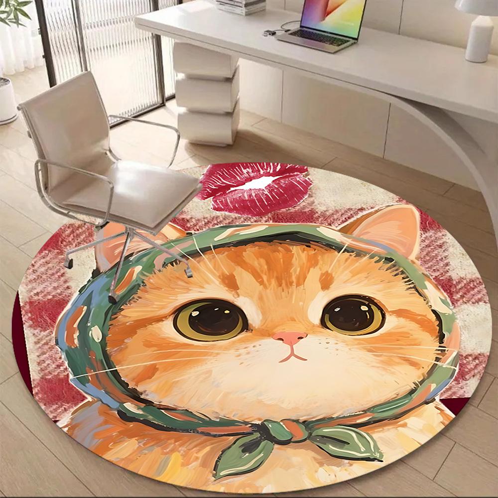 1PC Cat Scarf Office Round Area Rug, Mat Suitable ForOffice, Under Office Chairs Bedroom Living Room Home Decor, Room Deco