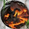 D Metal SignMedieval Dragon  Castle Round Metal Wall Art Scene  Decor Gothic Mythical Creature Plaque for Home Bar