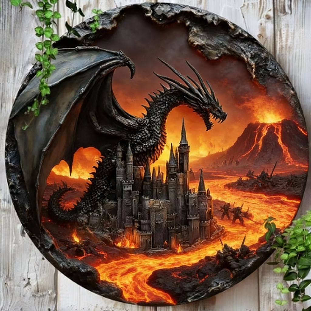 D Metal SignMedieval Dragon  Castle Round Metal Wall Art Scene  Decor Gothic Mythical Creature Plaque for Home Bar