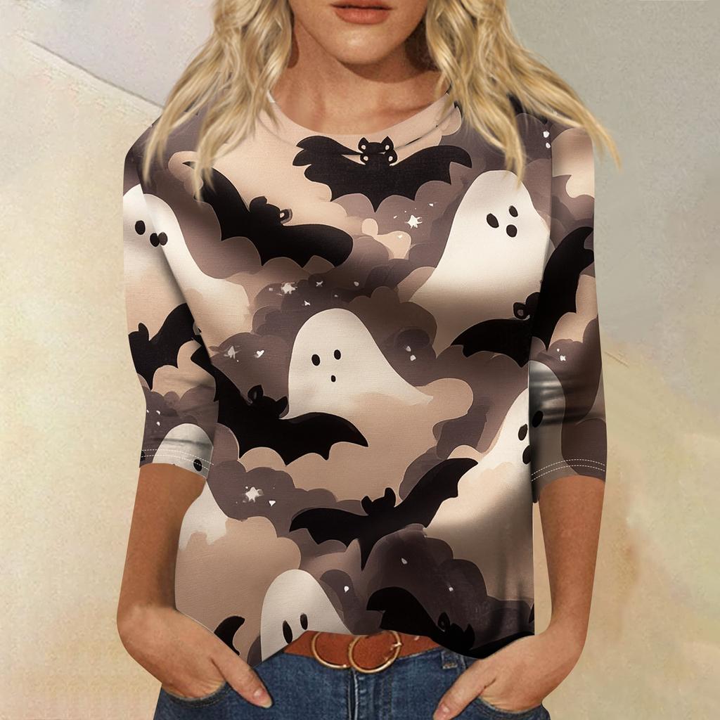 Women's Casual Three Quarter Sleeve Halloween Print Crew Neck Top Lightweight Comfortable Fit Seasonal Graphic Shirt for Everyday Wear