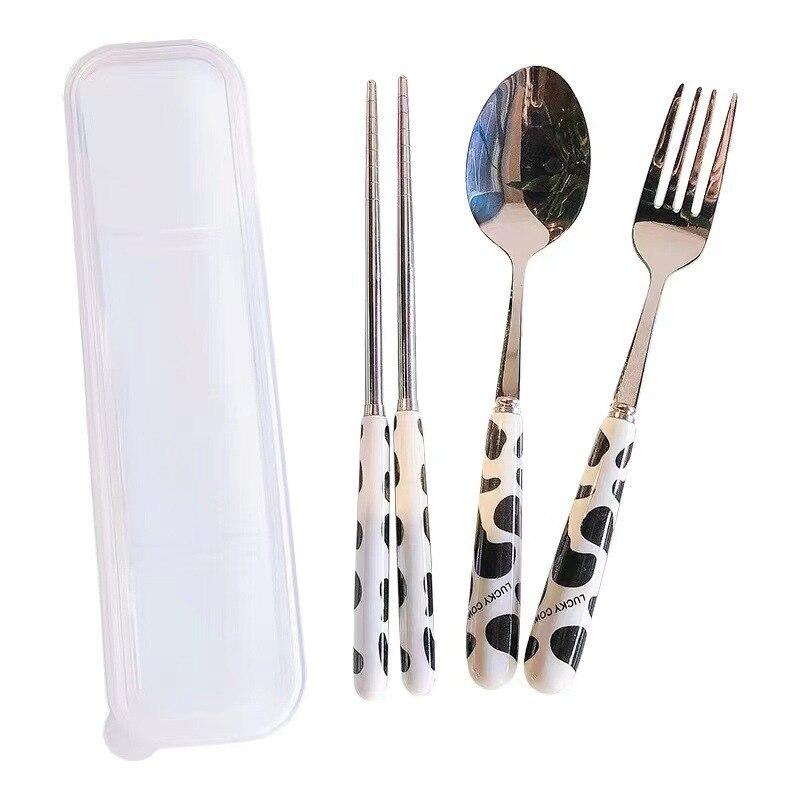 Portable Chopsticks Cutlery Gift Cartoon Ice Spoon Ceramic Spoon Stainless Steel Tableware Black And White Cows Three-piece Set