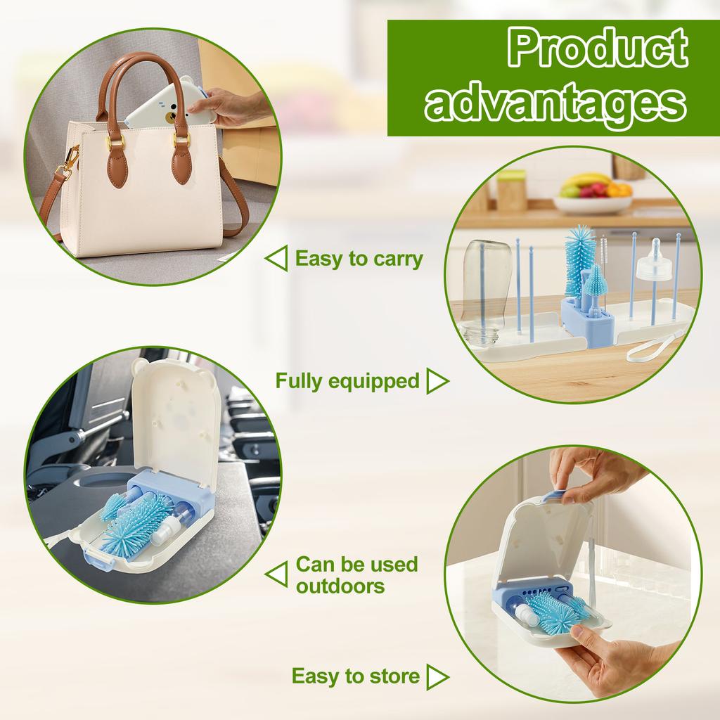 Bottle Brush Set Portable Baby Bottle Cleaner Kit with Silicone Nipple Brush Bottle Cleaning Tool Drying Rack for Home and Trave