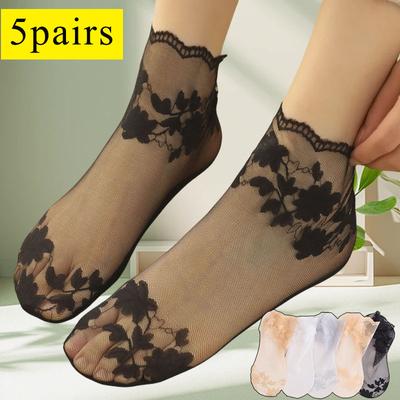 5 Paar/Los Sommersocken Damen Spitze Transparent Lolita Unsichtbar Sommer Dünn Rutschfest Kurzer Knöchel Schwarz Niedrig Geschnitten Bootssocke