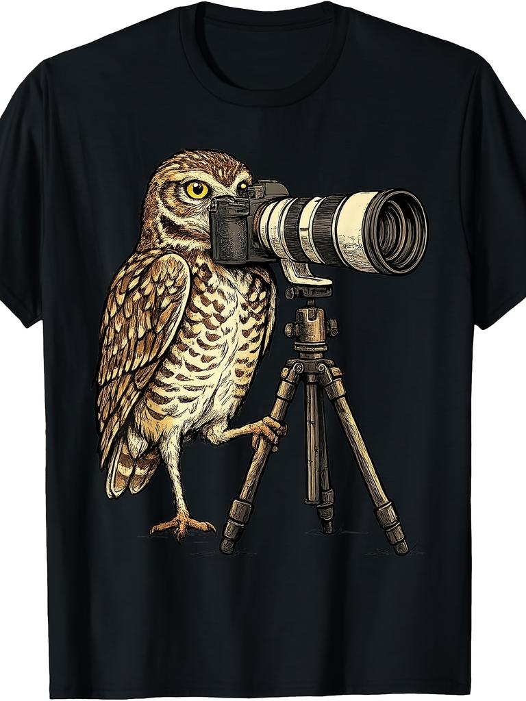 Retro Burrowing Owl Photographer T-Shirt - Suitable for - Casual Wear with Camera & Owl Graphic Print, Round Neck Regular Fit Tee for Birdwatching, Ph