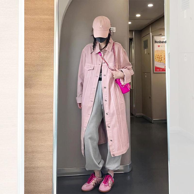 

Pink Mid-Length Women s Denim Trench Coat - French Design, Long Sleeve, Casual Spring/Autumn Attire S (Recommended for under 115 lbs) розовый