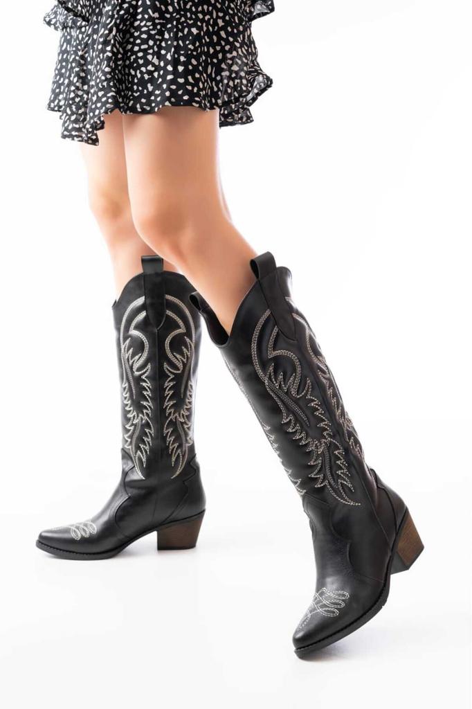 Women Modern Stylish Fashion Boots Boots Faux Leather Western Cowboy Black Faux Leather White Embroidered Long Boots