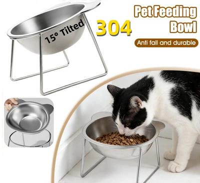 304 Stainless Steel Elevated Pet Bowl 15° Tilted Ergonomic Design Anti Slip Reduces Neck Pressure Prevents Vomiting Detachable For Cats Small Dogs