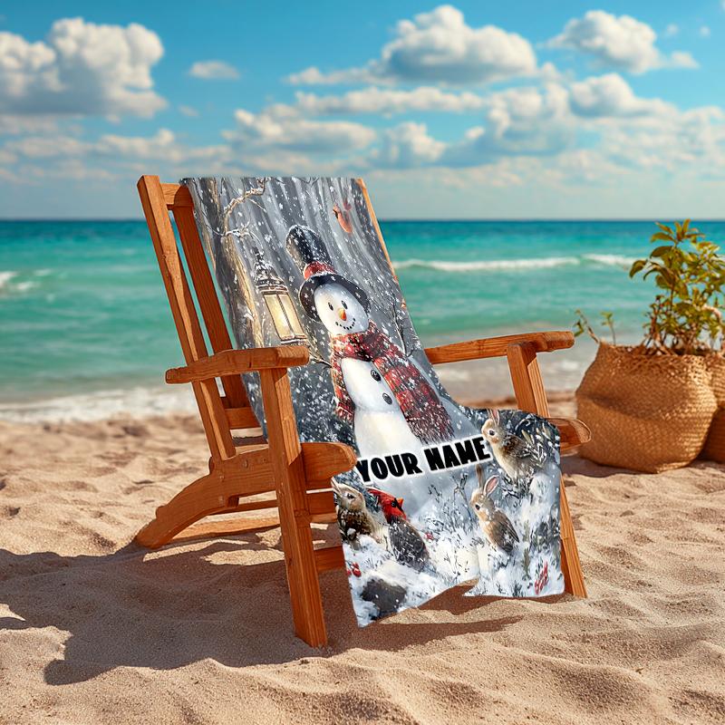 1PC Custom Name Winter Snowman Birds Beach Towel Highly Absorbent And Sand-Resistant Towel for Swimming, Pool, Yoga, And Travel Lightweight