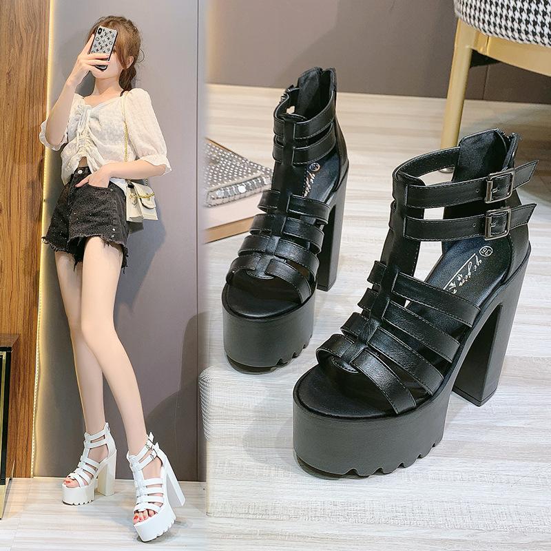 Fashion 14CM Goth Platform Block Heels Buckle Decor Black Women Sandals Ankle Strap Open Toe Summer Party Vintage Prom Shoes Pumps