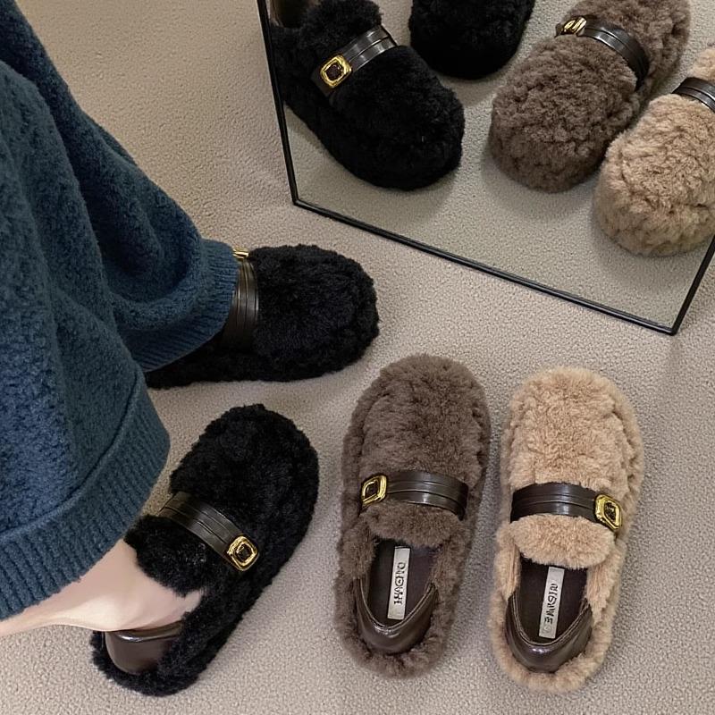 Lambswool Women's Fuzzy Winter Shoes 2025 - Fleece-lined, Thick Sole, Buckle, Warm Maternity Cotton Bean Shoes