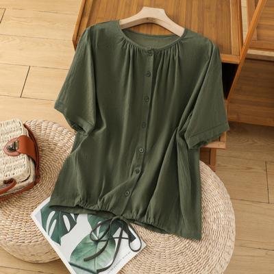 Summer Art Retro Loose Drawstring Round Neck Short Sleeved Top for Women