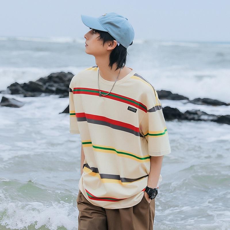 Men's Summer Couples Short Sleeve T-Shirt Loose Fit Japanese Black And White Striped Round Neck Top Casual Shirt For Men Stylish Summer Apparel