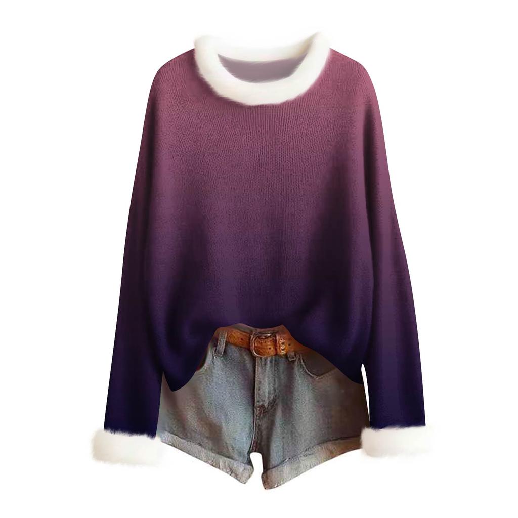 Women's Fashion Print Wool-Collar Sweater Casual Long-Sleeve Knit Pullover Top