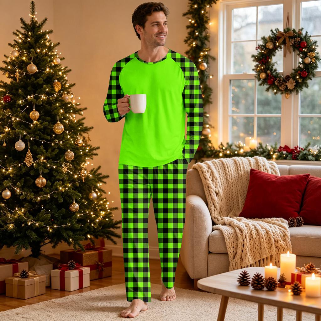 Men's Plaid Pajama Set with Long Sleeve Neck Top and Long Pants for and Sleep