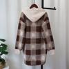 Autumn and Winter New Removable Hat Medium and Long Plaid Knitted Double-sided Cardigan Loose Sweater Jacket Women