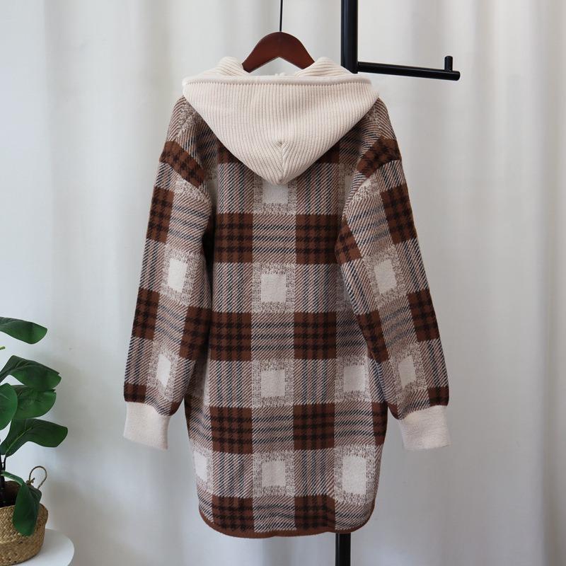 Autumn and Winter New Removable Hat Medium and Long Plaid Knitted Double-sided Cardigan Loose Sweater Jacket Women