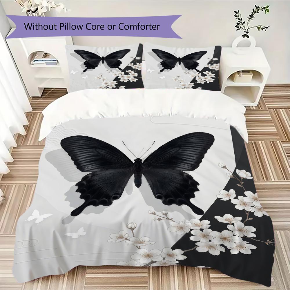 Black Butterfly Pattern Bedding Uilt Set Uilt Cover Pillowcase Home Decoration Birthday Gift (1 * Duvet Cover + 2 * Pillowcase Without Core)