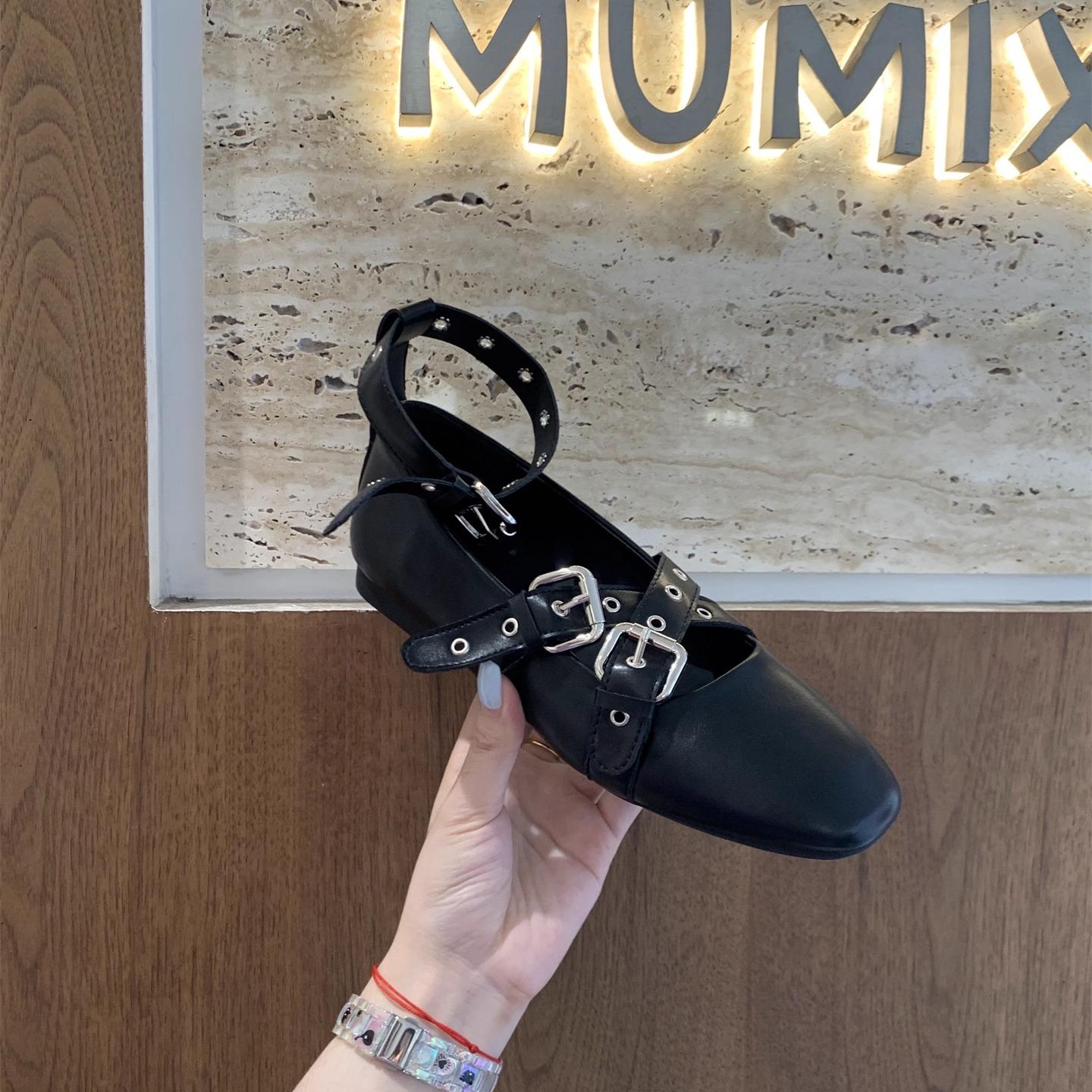 

Retro Style Belt Buckle Rivets Female Footwear Ankle Buckle Strap Roman Sandals 2025 New Autumn Ballet Single Shoes Mary Jane 39 чёрный