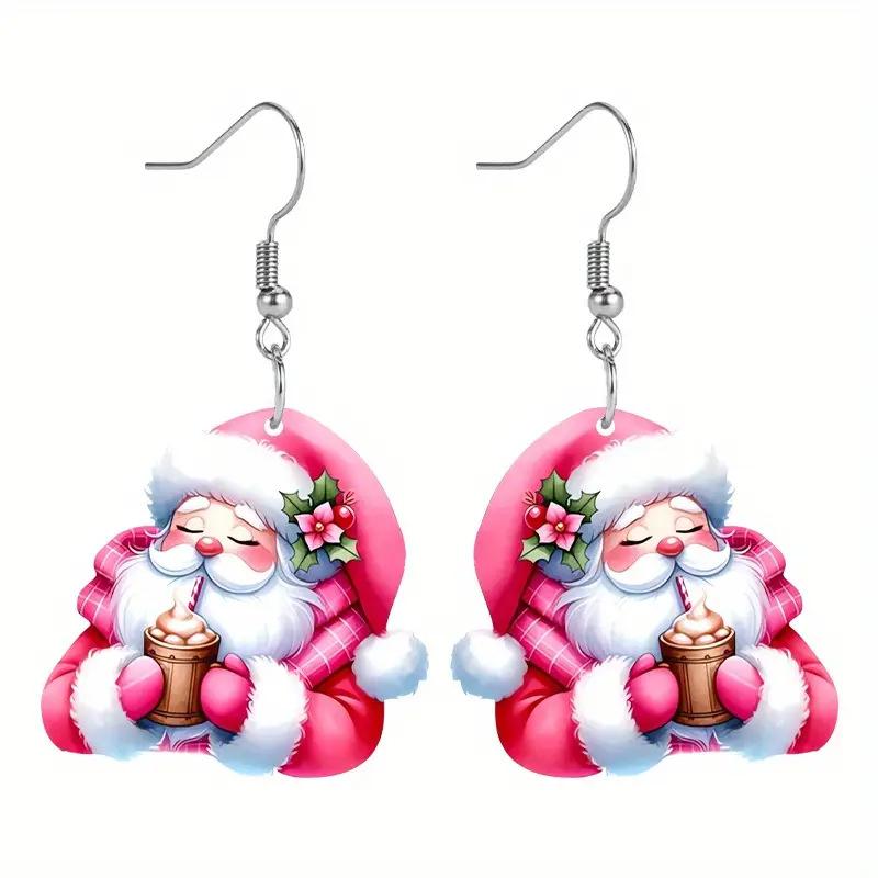 Cross-border hot-selling Christmas flat acrylic pendant cartoon creativity and milk tea pink Santa earrings