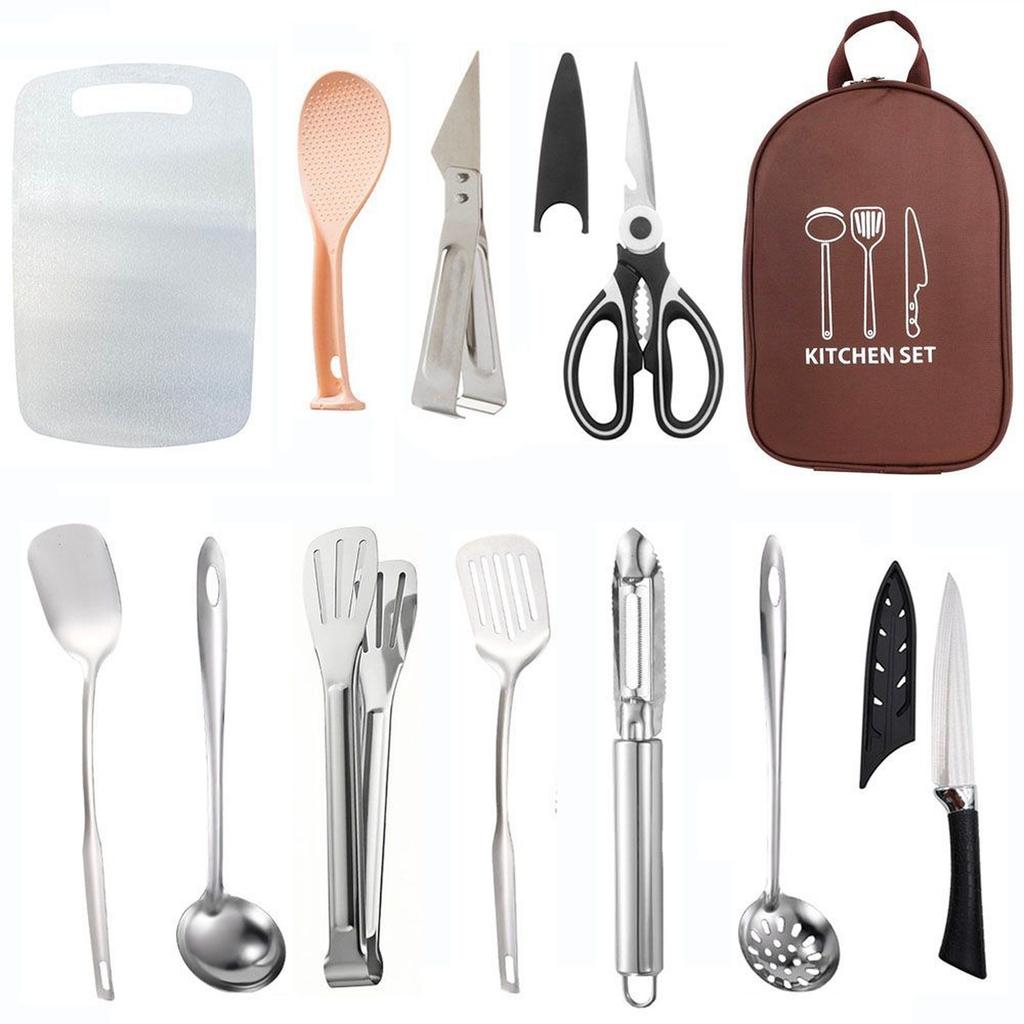 12 Piece Picnic Utensil Set Includes Cutting Board Spoon Tongs Scissors Ladle Spatula Peeler Knife with Storage Bag for Outdoor Cooking