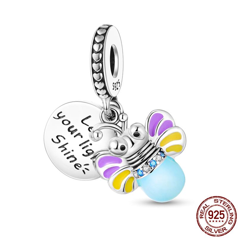 S925 Sterling Silver Luminous Colorful Fireflies Charms Fit  Bracelet Bead DIY Jewelry For Women Gift Hot Sale