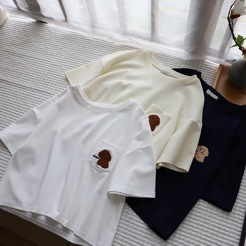 

[Bi Zheng] Summer 2025 Petite Korean Style Loose-Fit Women s Cartoon Embroidery Letter Short T-Shirt (Model 3518) One Size