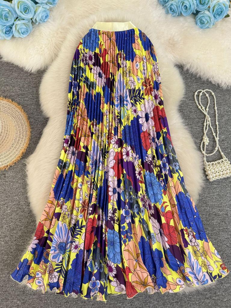 Women's 3D Print Pleated A-line Midi Skirt